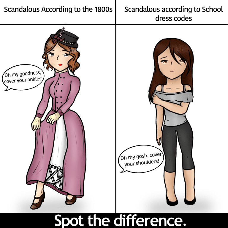 Scandalous according to the 1800s.
Oh my goodness, cover your ankles!

Scandalous according to school dress codes.
Oh my gosh, cover your sholders!

Spot the difference.