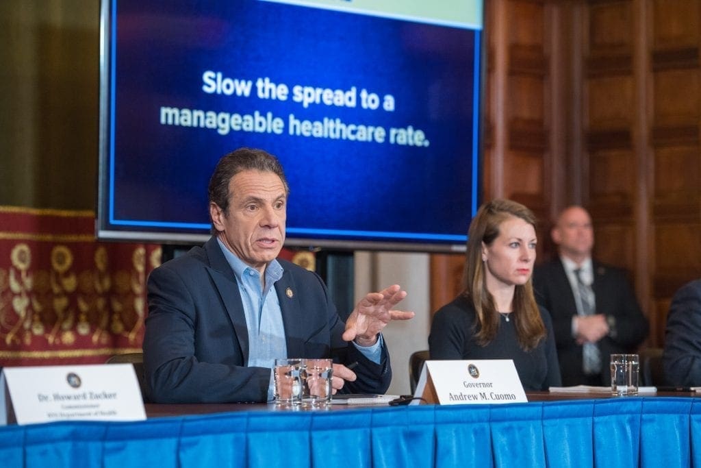 March 15, 2020- Albany, NY- Governor Andrew Cuomo holds a briefing on Coronavirus, Announces partnership with the states of New Jersey and Connecticut to have no gatherings of 50 people or more, Casinos, Gyms, Theaters, Restaurants and Bars to close at 8PM today, with exception of take-out, All to help reduce the curve of infected people needing hospitalization. Calls on Federal Government to adopt a Federal plan for states to follow and mobilize the Army Corp of Engineers to build medical capacity out of caution should the need arise. (Darren McGee- Office of Governor Andrew Cuomo)