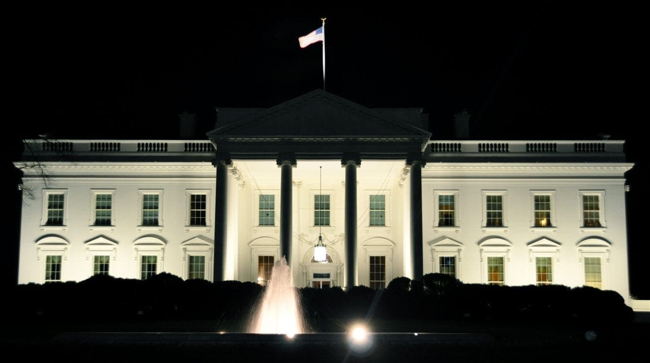 A photo of the north side of the White House at night by Kevin Burkett